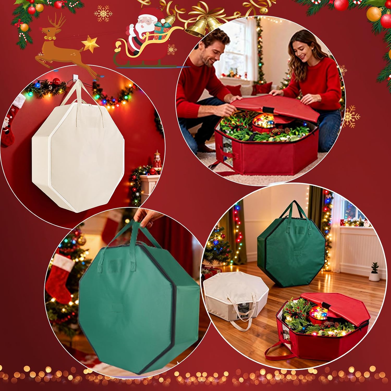 BrilliantJo Wreath Storage Hard Shell Christmas Decorations Case Bag with Interior Pockets 600D Oxford Fabric 24 Inch Xmas Container Box for Holiday Zipper and Handles Labeling Card Slot Green