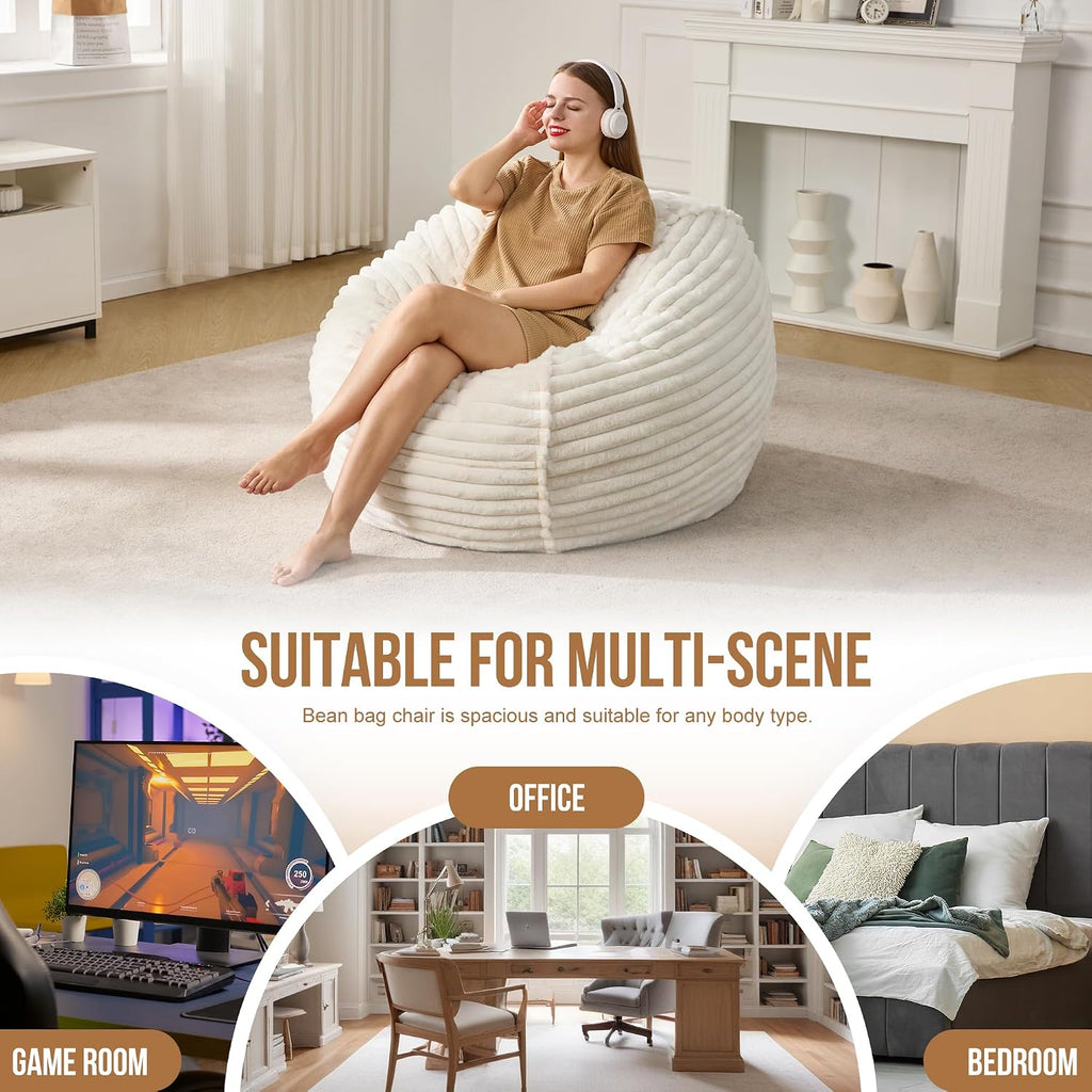 Hobestluk Adult Bean Bag Chair Giant Beanbag with Filling Living Room 3FT | White Large Big Oversized Bean Bag Chair Memory Foam Filling Machine Washable Fluffy Cover Bedroom Dorm Reading Gaming
