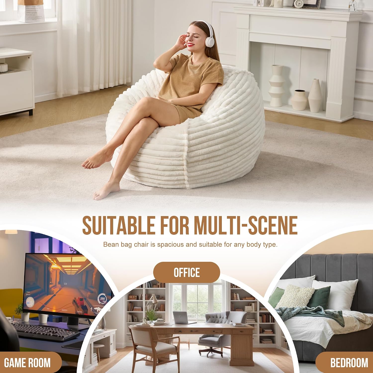 Hobestluk Adult Bean Bag Chair Giant Beanbag with Filling Living Room 3FT | White Large Big Oversized Bean Bag Chair Memory Foam Filling Machine Washable Fluffy Cover Bedroom Dorm Reading Gaming