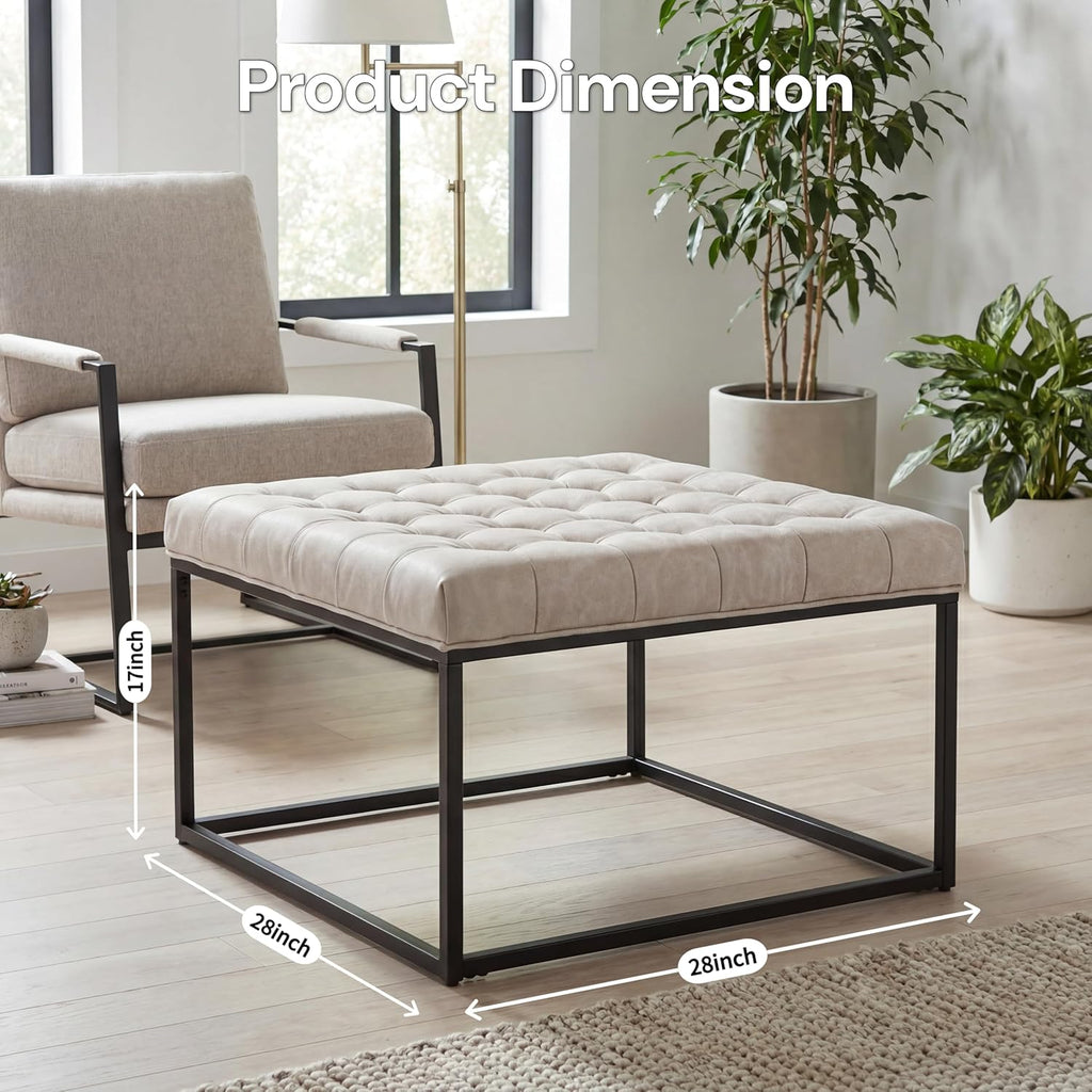 28" Square Ottoman, Faux Leahter Coffee Table for Living Room, Tufted Footrest with Metal Base, Mid Century Footstool for Couch, Small Vintage Ottoman for Apartment, Bedroom, Office, Ivory