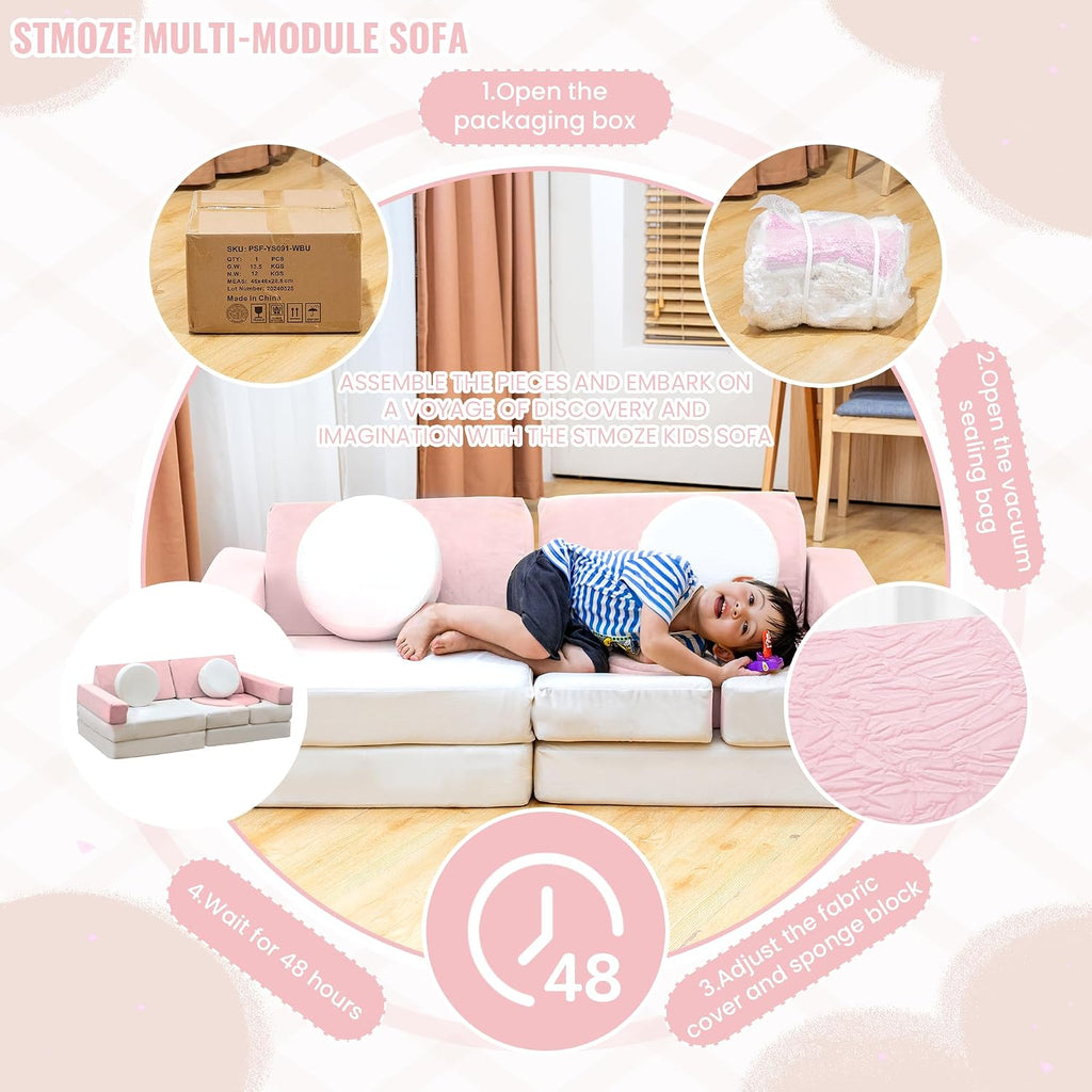 13PCS Modular Kids Play Couch with Washable Velvet Cover, Modular Couch for Boys and Girls, Convertible Foam and Floor Cushion for Nursery Playroom, Pink & Beige