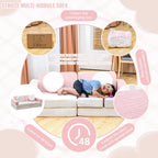 13PCS Modular Kids Play Couch with Washable Velvet Cover, Modular Couch for Boys and Girls, Convertible Foam and Floor Cushion for Nursery Playroom, Pink & Beige