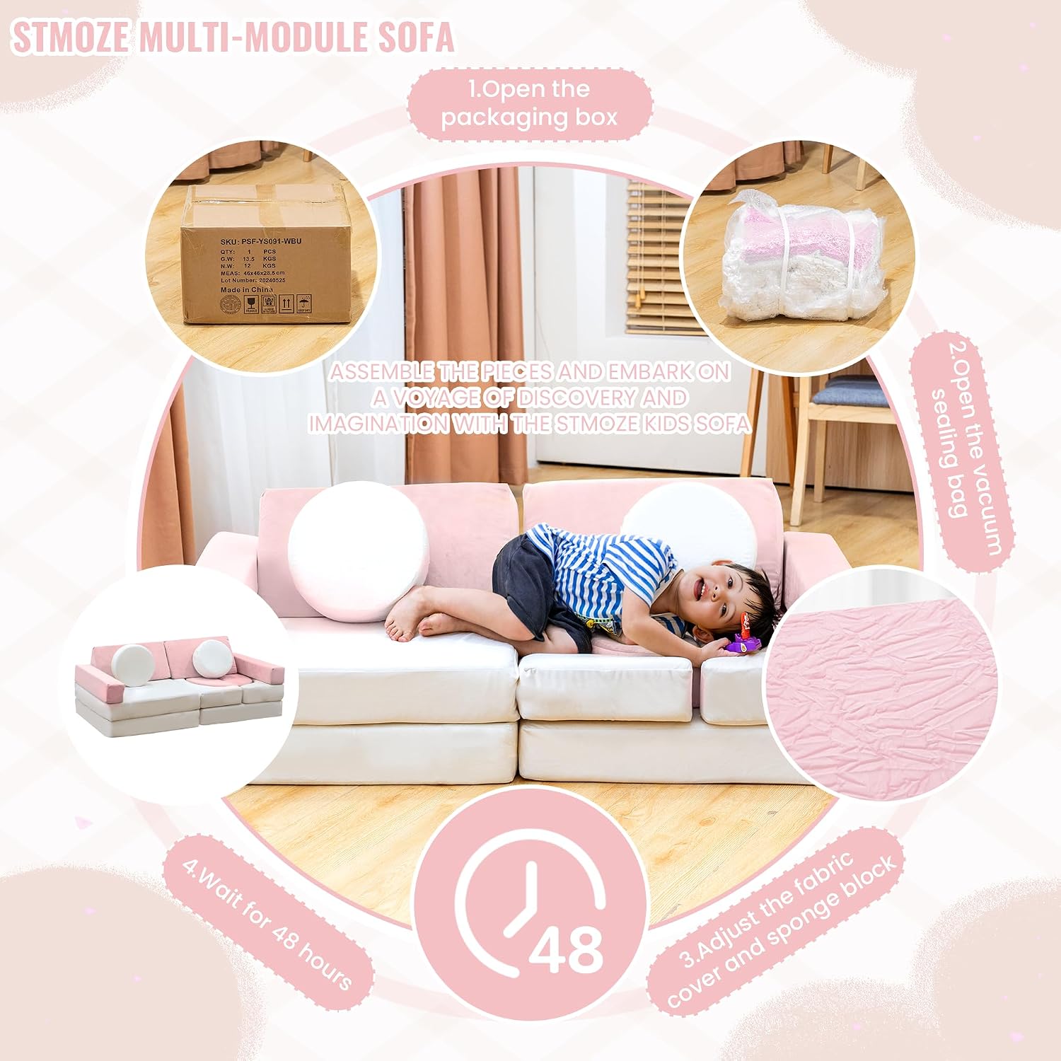 13PCS Modular Kids Play Couch with Washable Velvet Cover, Modular Couch for Boys and Girls, Convertible Foam and Floor Cushion for Nursery Playroom, Pink & Beige