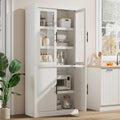 Tall Farmhouse Kitchen Pantry Cabinet, Wood Cabinet with 4 Doors & Adjustable Shelves, Sturdy Frame, Anti-Tip Design, Bookcase for Kitchen/Dining/Office, 70.45 Inches, Rustic White-Glass
