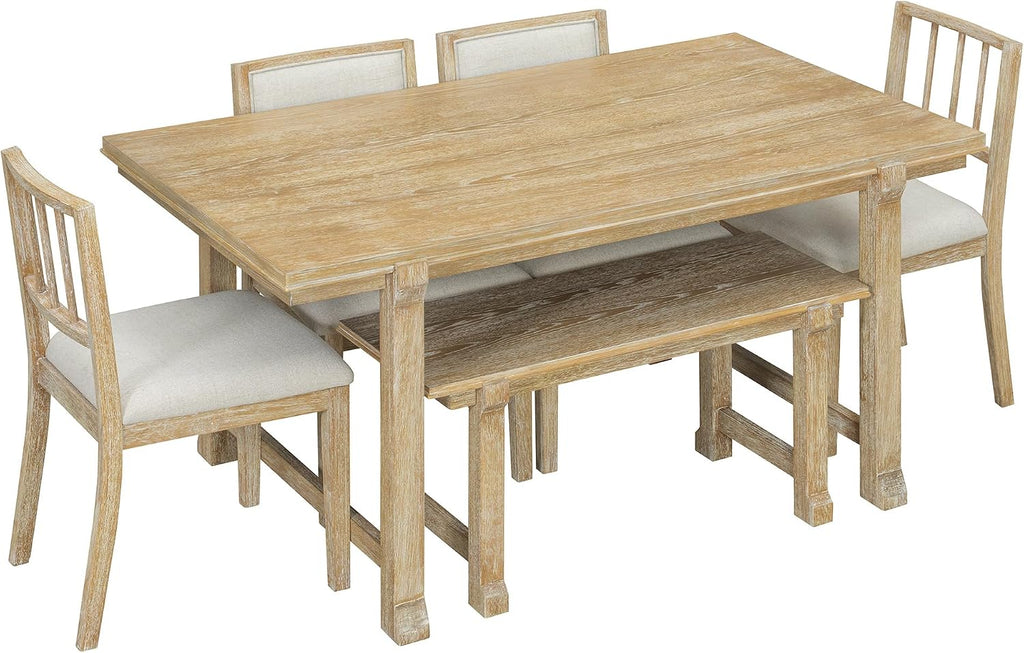 LUMISOL 6-Piece Dining Table Set for 6, Farmhouse Kitchen Table Set with 4 Upholstered Chairs with Bench, Solid Wood Table and Chairs Set for Kitchen, Dining Room, Natural Wood Wash+Beige