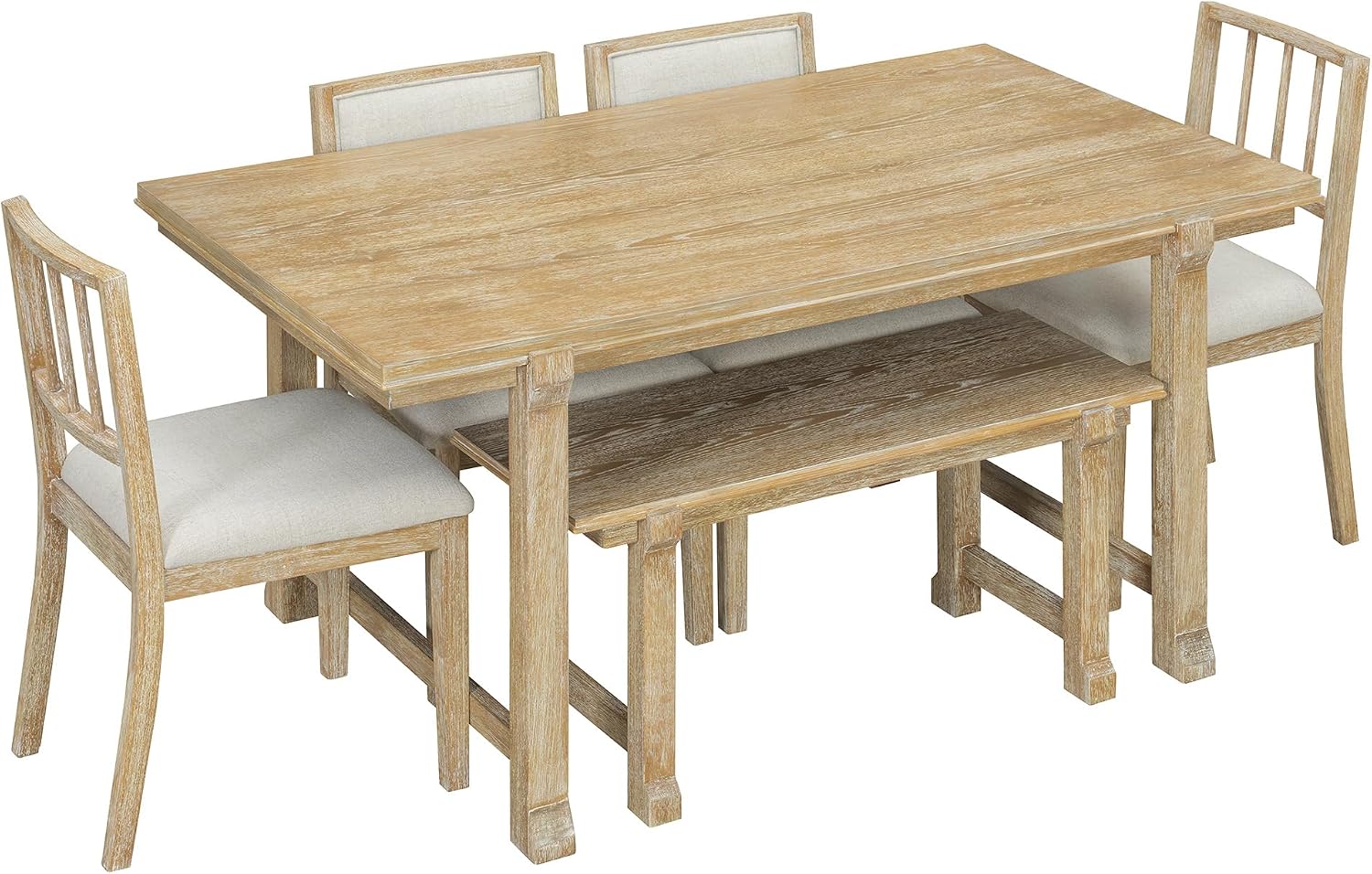 LUMISOL 6-Piece Dining Table Set for 6, Farmhouse Kitchen Table Set with 4 Upholstered Chairs with Bench, Solid Wood Table and Chairs Set for Kitchen, Dining Room, Natural Wood Wash+Beige