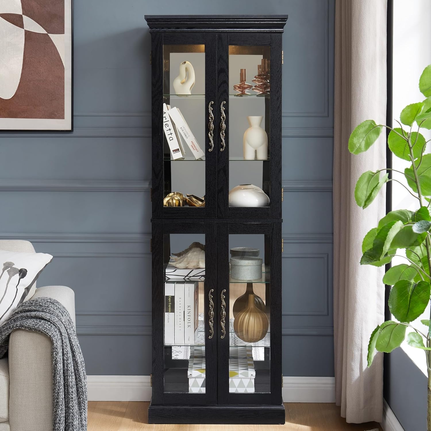 Lighted Curio Cabinet 71" Vintage Glass Display Case with Adjustable Shelves, 4 Tempered Glass Doors, Bulb Included, Wooden Square Wine Bar China Cabinet for Living Room Liquor Storage (Black)