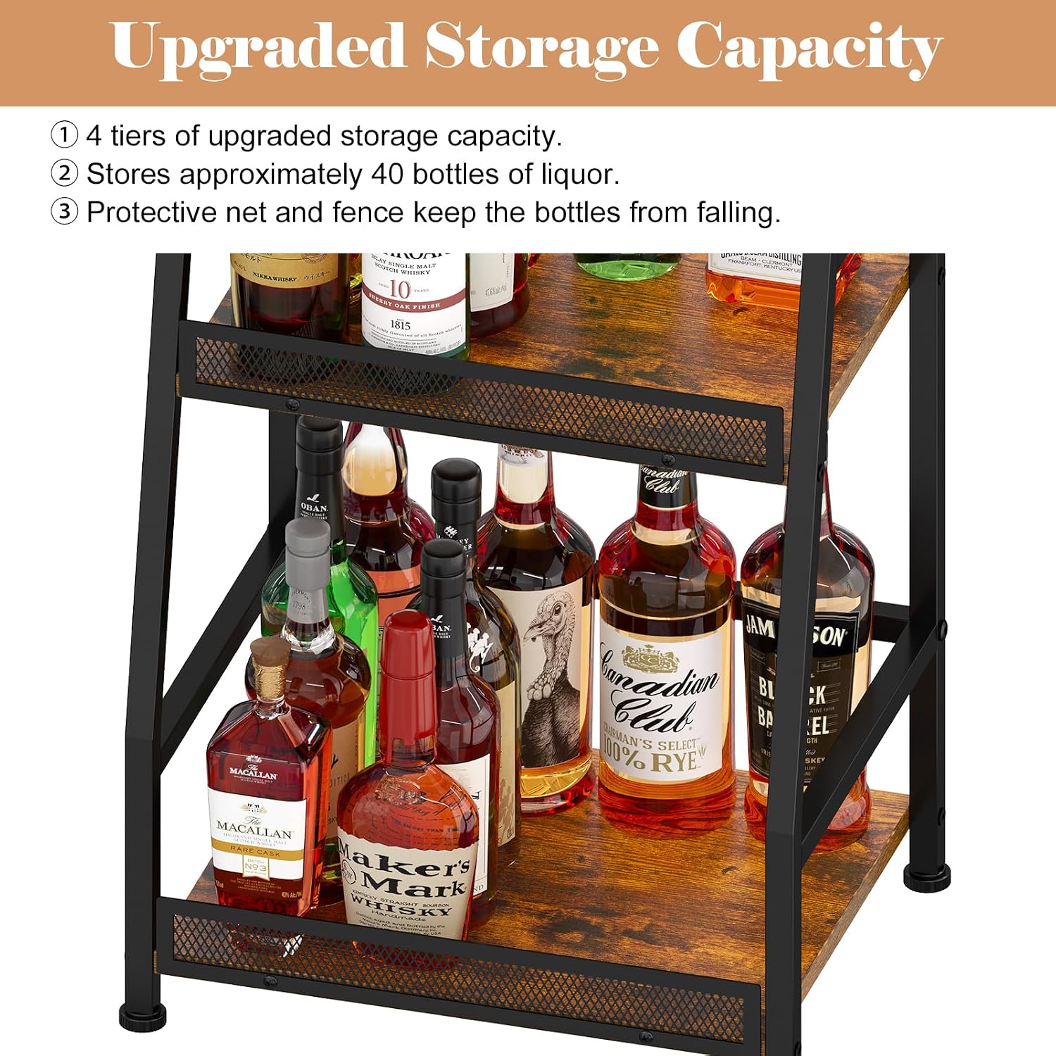 4-Tier Trapezoid Liquor Stand for Home Bar, Stepped Wine Rack Freestanding Floor Liquor Cabinet for Whiskey Wine, Versatile Corner Wine Bottle Display Stand with Fences, Vintage Brown（Patent Pending）