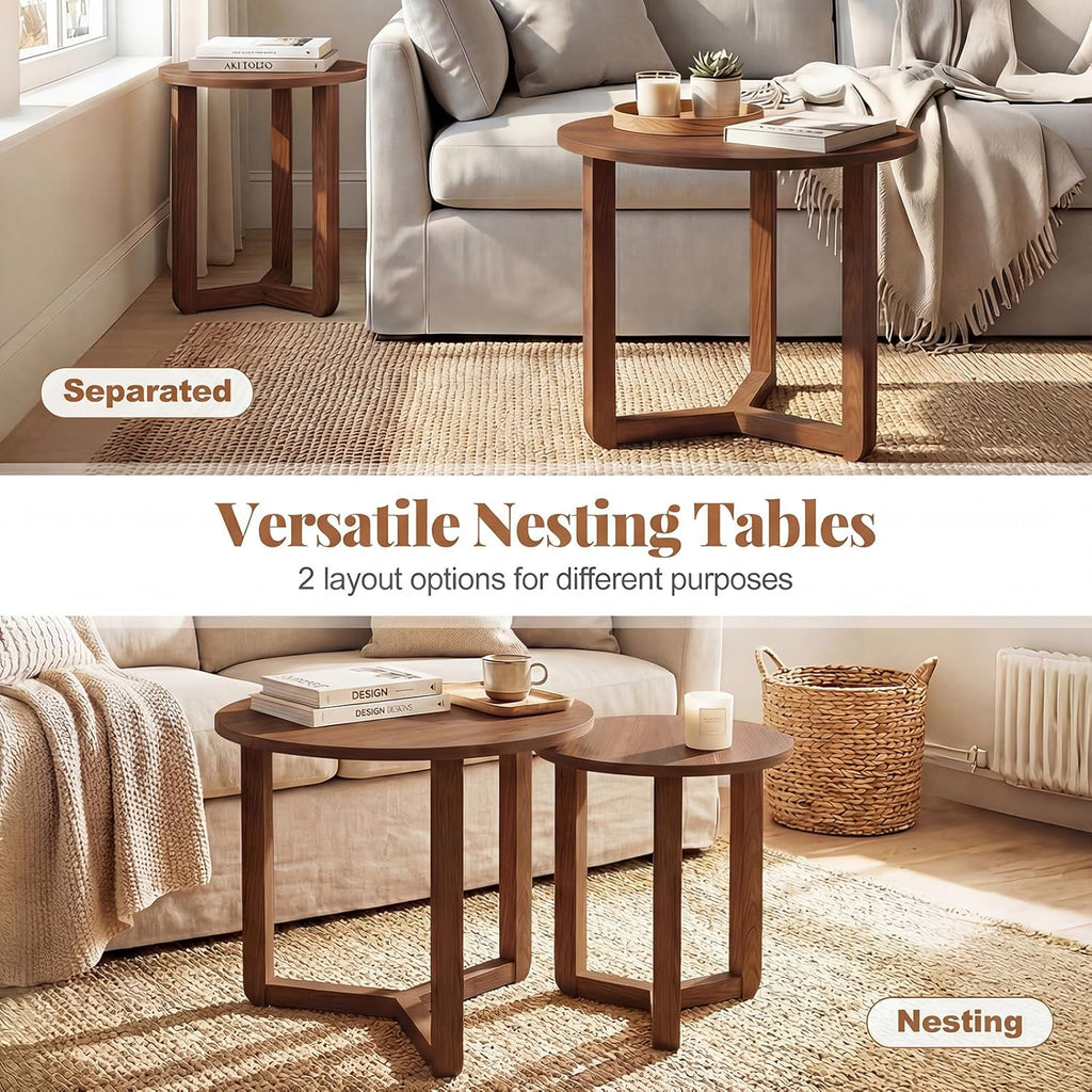 Giantex Round Nesting Coffee Table Set of 2, Wood Nesting End Tables with Thickened Top & Solid Rubber Wood Legs, Farmhouse Sofa Side Table for Small Spaces Living Room Bedroom (Walnut)