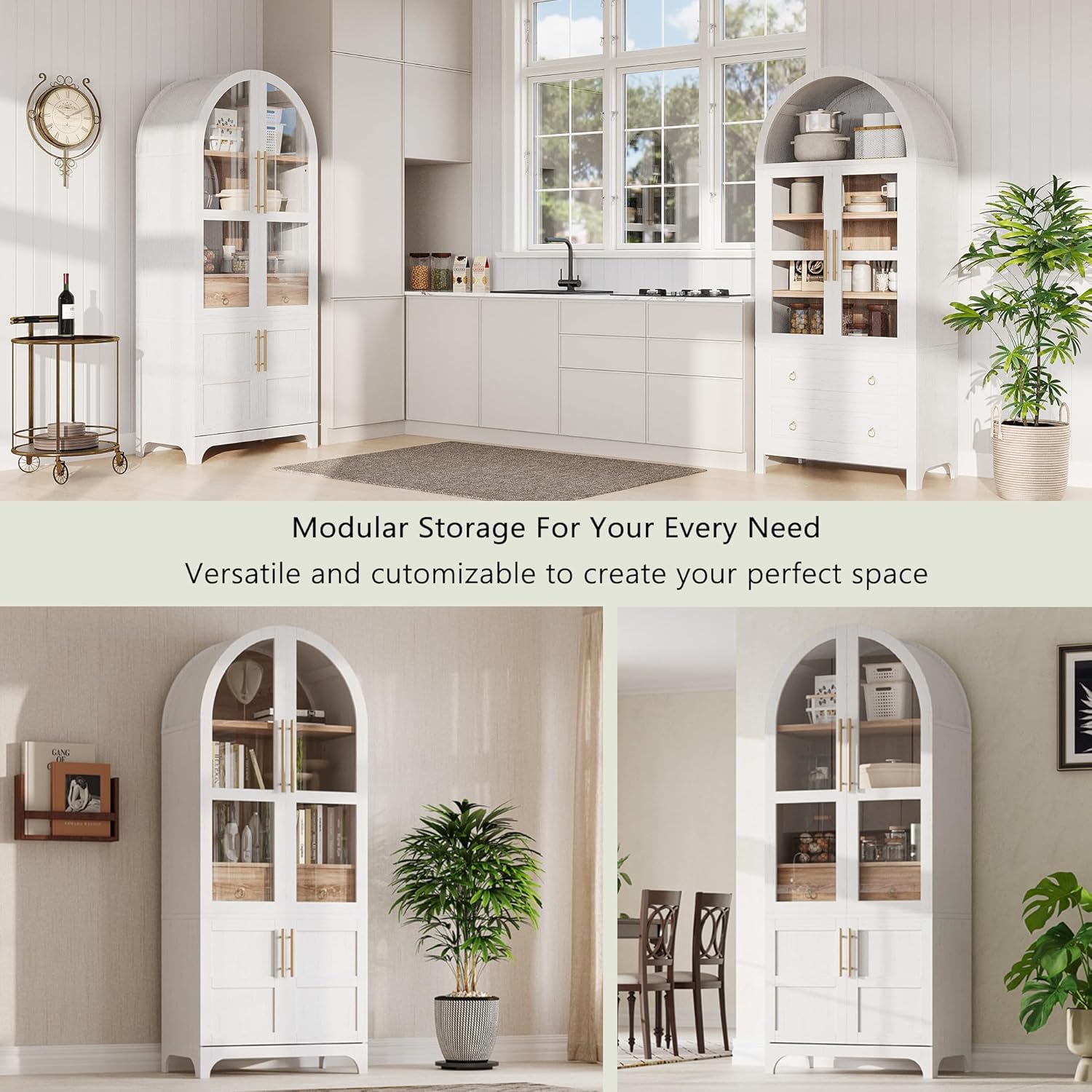 71" Tall Arched Kitchen Pantry Cabinet with Door Shelves, Farmhouse Kitchen Storage Cabinet with Adjustable Shelves, Hidden Drawer & Glass Door, Cupboard for Kitchen, Dining Room, White