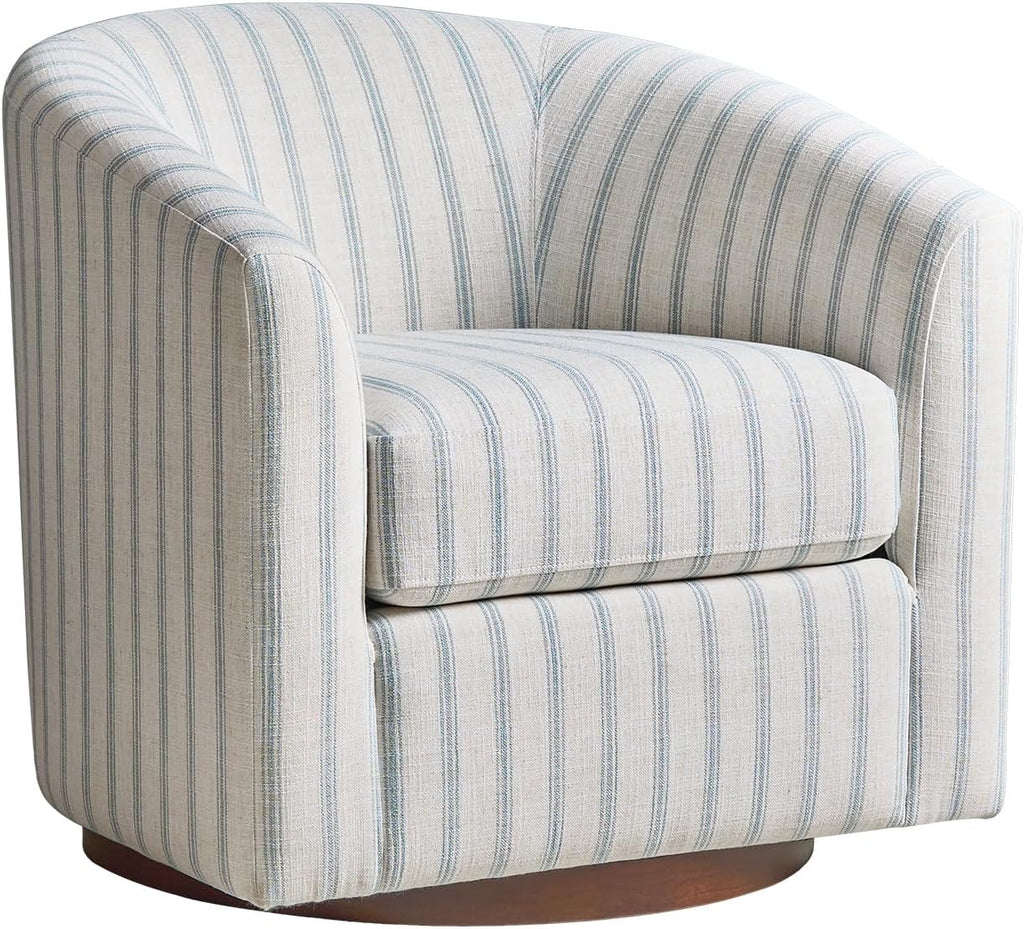 HULALA HOME Modern Swivel Accent Chair with Solid Wood Base, Round Swivel Barrel Chair with Striped Pattern, No Assembly Required, Blue