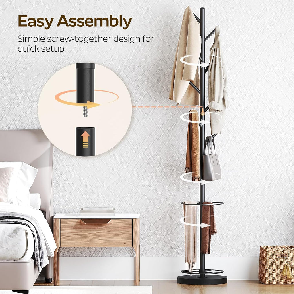 YATINEY Coat Rack Freestanding with Umbrella Holder, Coat Rack Stand with 8 Hooks, Heavy Duty Coat Tree for Entryway, Modern Clothing Rack, Metal Coat Hanger Stand for Bedroom, Office, Black YM03BB