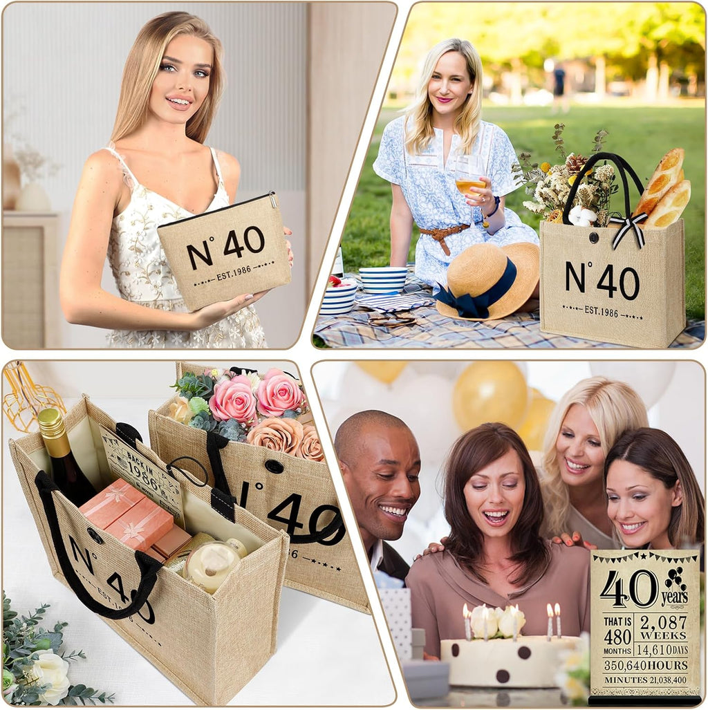 YeohJoy 40th Birthday Gifts for Women Jute Tote Bag, Vintage N°40 Burlap Handbag with Cosmetic Bag and Back in 1986 Poster, Unique 40 Years Old Gifts for Mom Wife Friends Sister Her