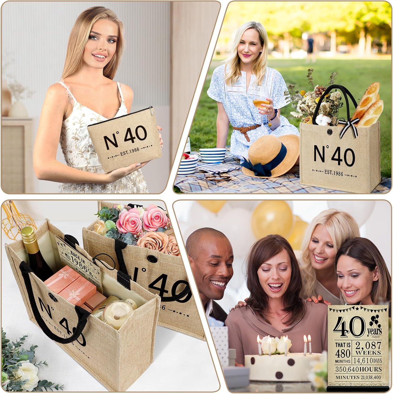YeohJoy 40th Birthday Gifts for Women Jute Tote Bag, Vintage N°40 Burlap Handbag with Cosmetic Bag and Back in 1986 Poster, Unique 40 Years Old Gifts for Mom Wife Friends Sister Her
