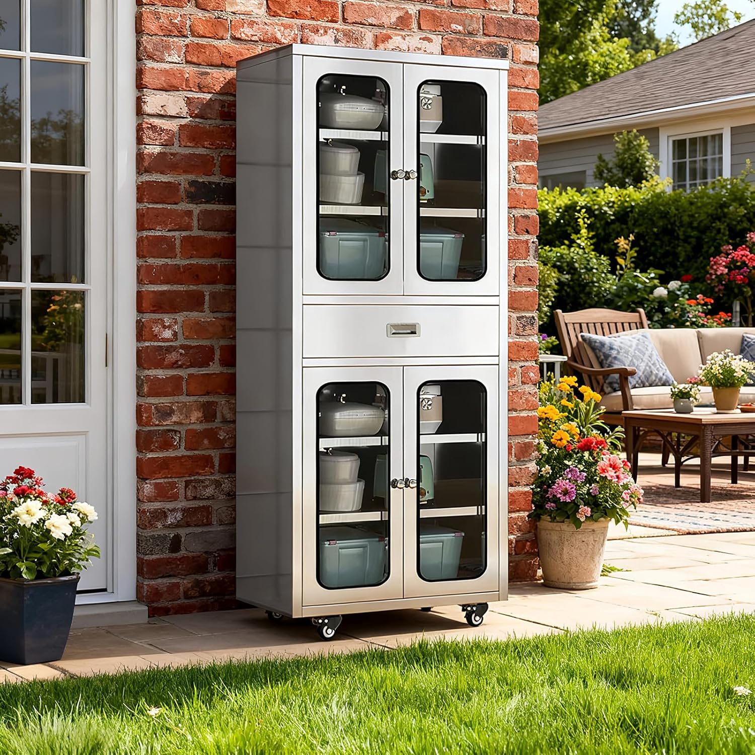 68" Full-Assembled Stainless Steel Cabinet with 1 Drawer and Glass Doors, 6-Tier Rolling Kitchen Pantry Storage Cabinet with Wheels for Garage, Warehouse, Utility Room, Laundry Room, Restaurant, Cafe