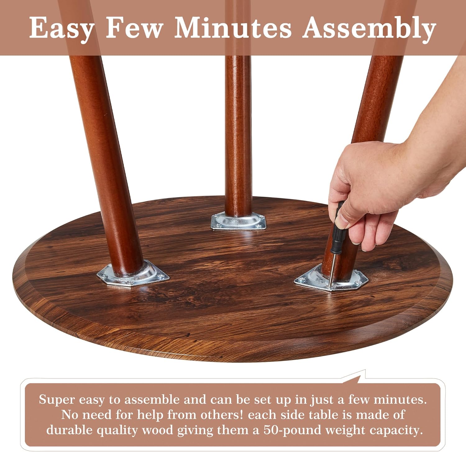 VECELO Round Side Table, Small End Table for Indoor Outdoor, Wooden Bedside Table with Non-Slip Foot Pads, 3-Legged Nightstand for Living Room Bedroom Bathroom, 20" x 20" x 23.8",Rustic Walnut