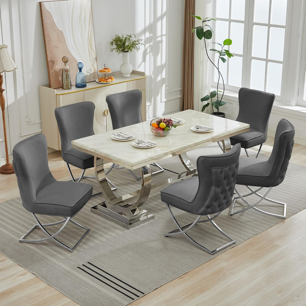 LOULENS Elegance Velvet Dining Chairs Set of 2, Luxurious Upholstered Tufted Dining Room Chairs, Glam Royal Velvet Accent Chairs with Stainless Steel Legs, Dark Gray