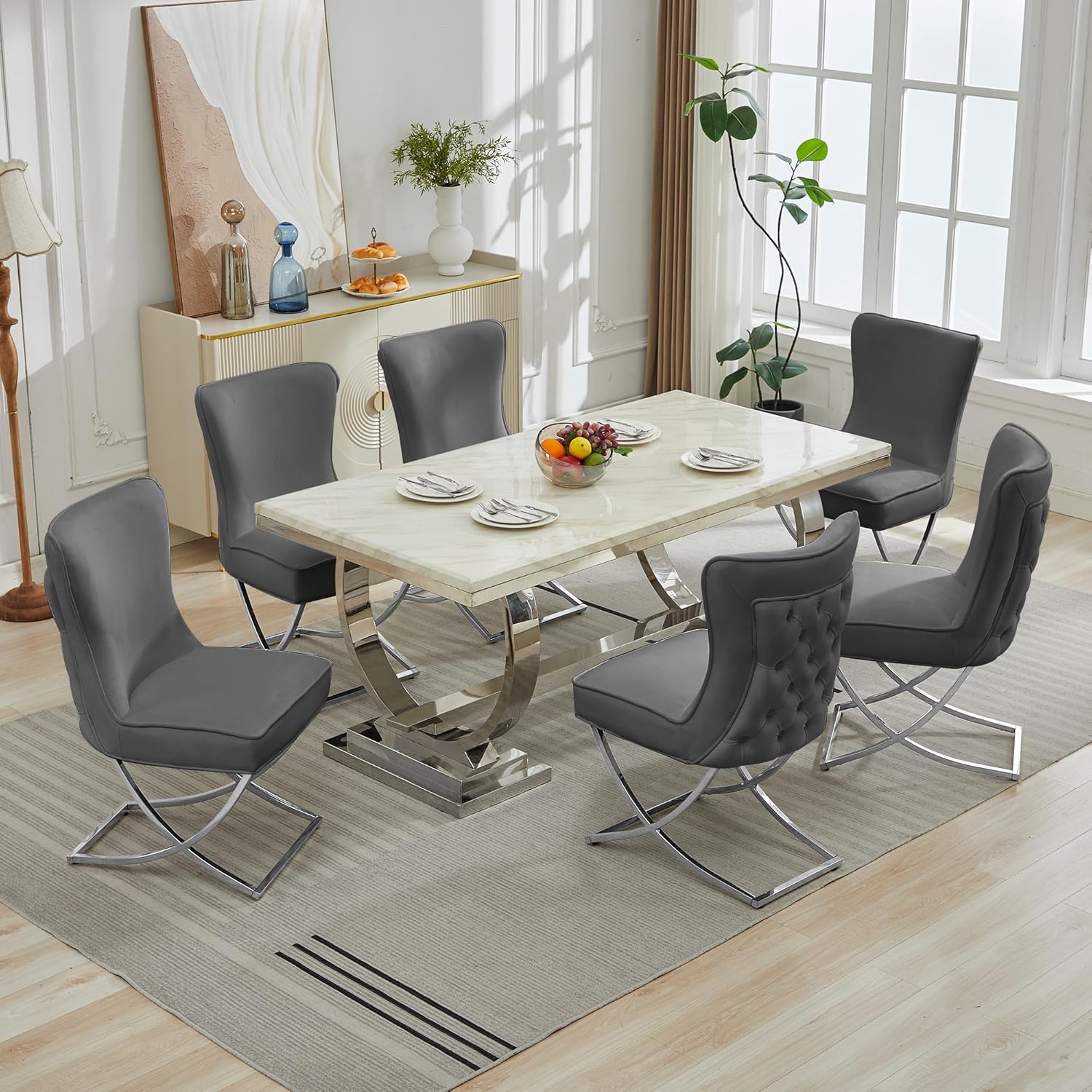 LOULENS Elegance Velvet Dining Chairs Set of 2, Luxurious Upholstered Tufted Dining Room Chairs, Glam Royal Velvet Accent Chairs with Stainless Steel Legs, Dark Gray