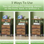 Furnulem Night Stand with Charging Station, 3 Fabric Drawers Bedside Table | Rustic Brown Dorm Nightstand For Bedroom, 28.3 Inch Tall, Usb Ports & Outlets, Side Table with Storage Shelf, 3 Ways to Use