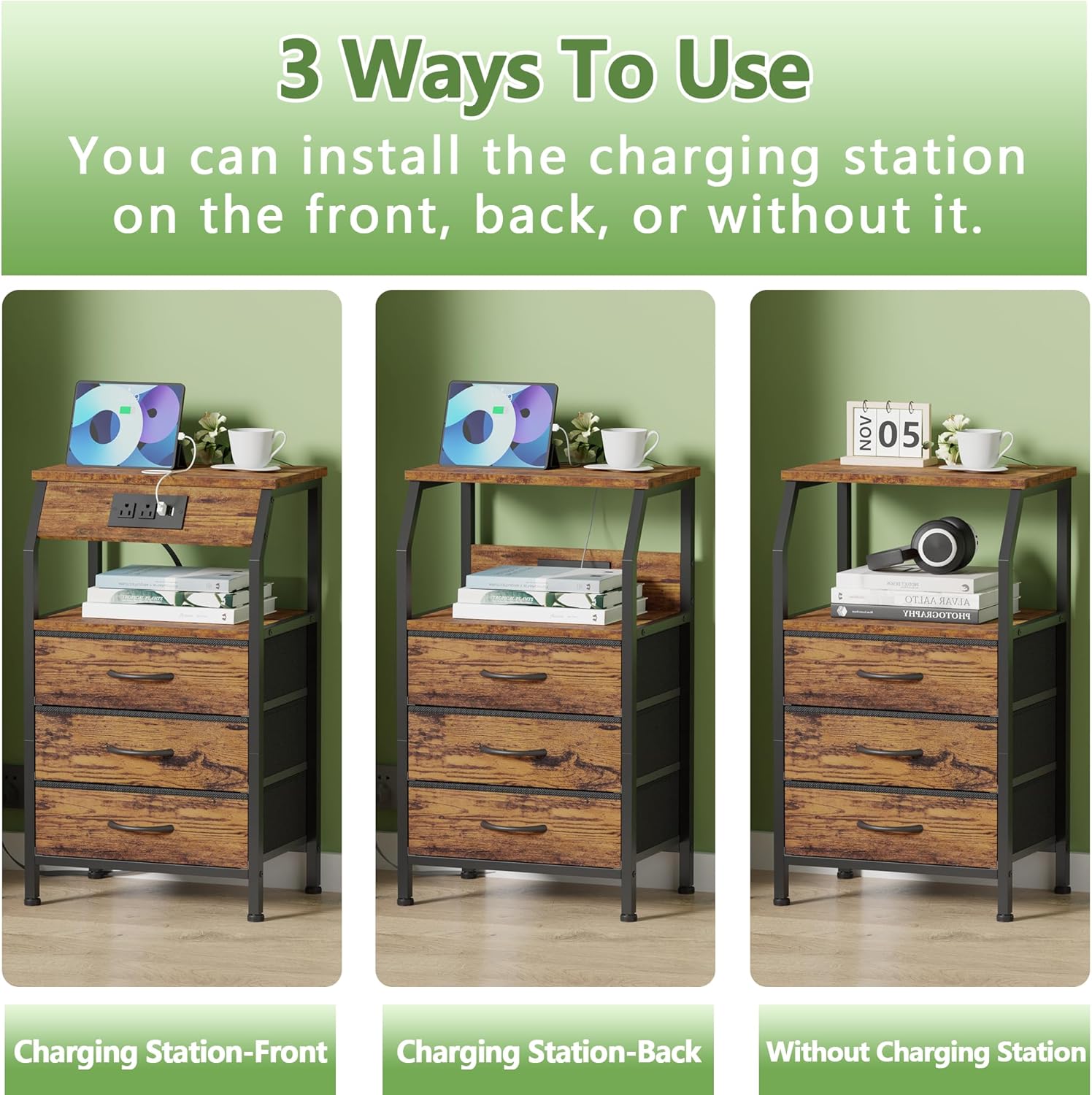 Furnulem Night Stand with Charging Station, 3 Fabric Drawers Bedside Table | Rustic Brown Dorm Nightstand For Bedroom, 28.3 Inch Tall, Usb Ports & Outlets, Side Table with Storage Shelf, 3 Ways to Use