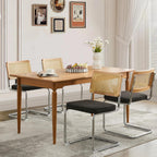 Rattan Dining Chairs Set of 4,Upholstered Mid-Century Modern Dining Room Chairs with Cane Backrest,Retro Linen Kitchen Chairs with Stainless Chrome Base,Black