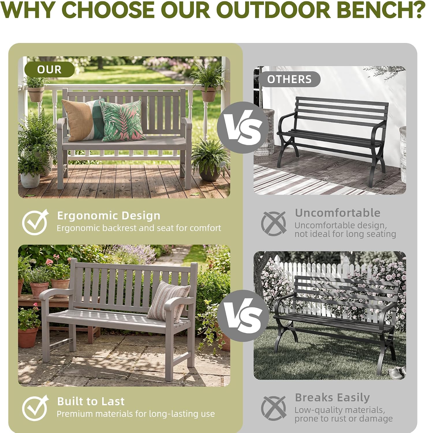 Outdoor Bench, 2-Person Outdoor Benches Weatherproof, 600 lbs Weight Capacity, Low Maintenance, Garden Bench for Patio, Park, Porch, Backyard, Balcony(Grey)