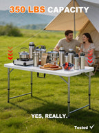 Folding Camping Table 4 Foot Adjustable Height 350lbs, 4FT Folding Picnic Card Table for Outdoor, Plastic Rectangular Dining Work Tables for Indoor, Heavy Duty Fold-in-Half Tray Tables