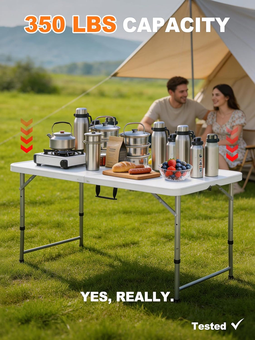 Folding Camping Table 4 Foot Adjustable Height 350lbs, 4FT Folding Picnic Card Table for Outdoor, Plastic Rectangular Dining Work Tables for Indoor, Heavy Duty Fold-in-Half Tray Tables