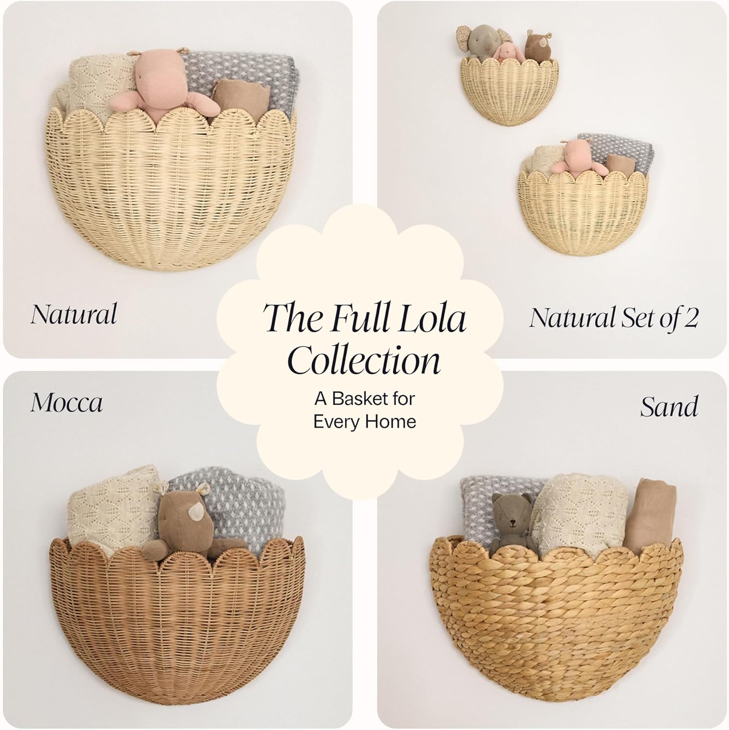 BEBE BASK The Original Scalloped Wicker Wall Basket – Set of 2 – Handwoven Scalloped Wall Baskets (16 x 10 x 7 in), Woven Rattan Wall Hanging Baskets - Natural Scalloped Basket