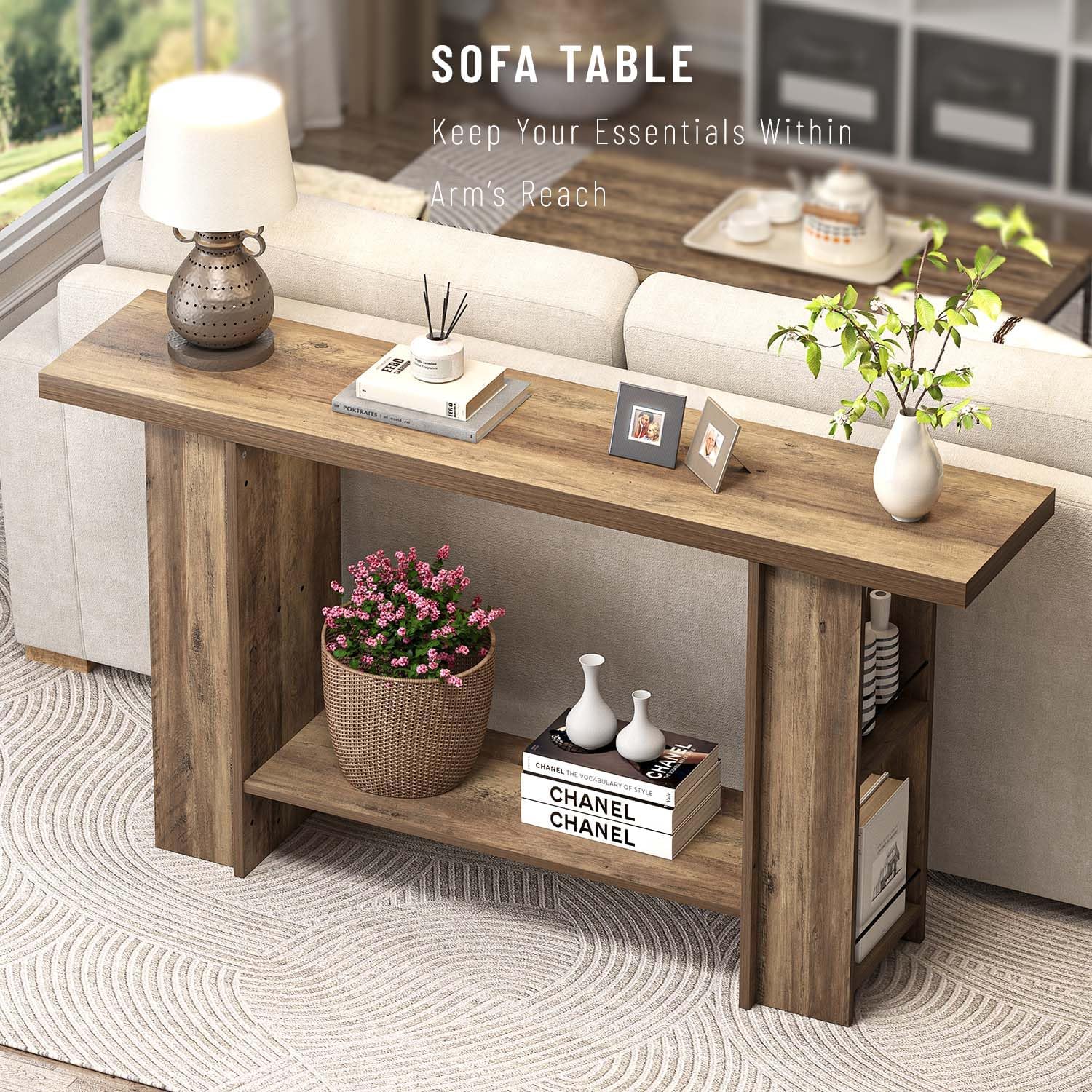 FOLUBAN 53 Inch Long Entryway Table, 2-Tier Wood Console Table with Storage Side Shelves, Farmhouse Sofa Table for Living Room, Narrow Hallway Foyer Table Behind Couch for Home Decor, Rustic Oak
