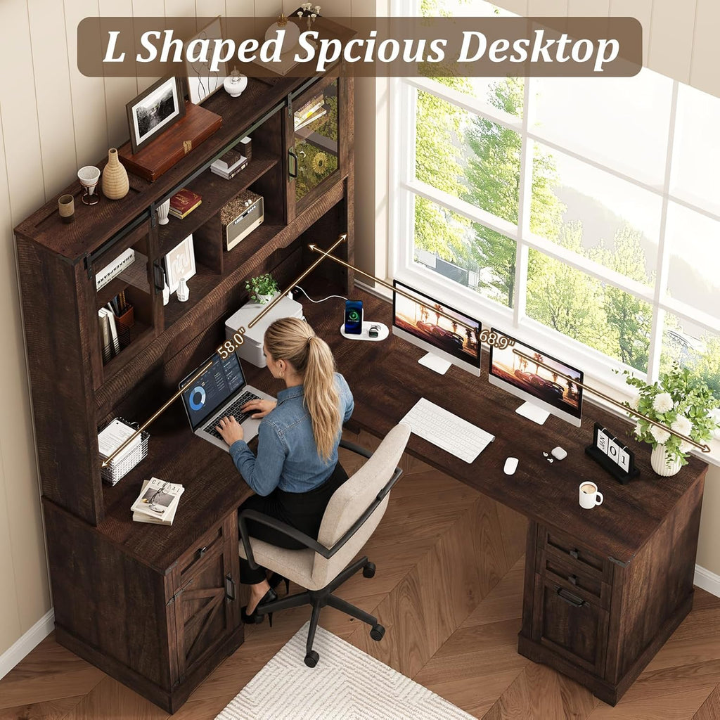 Squireewo 68.9'' Farmhouse L Shaped Desk with Hutch and Drawers, 76" High Wood Executive Home Office Desk with Charging Station, File Drawer and Cabinet, Computer Corner Desk with Sliding Doors, Brown