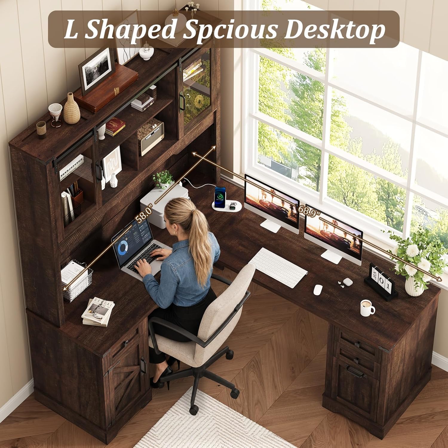 Squireewo 68.9'' Farmhouse L Shaped Desk with Hutch and Drawers, 76" High Wood Executive Home Office Desk with Charging Station, File Drawer and Cabinet, Computer Corner Desk with Sliding Doors, Brown