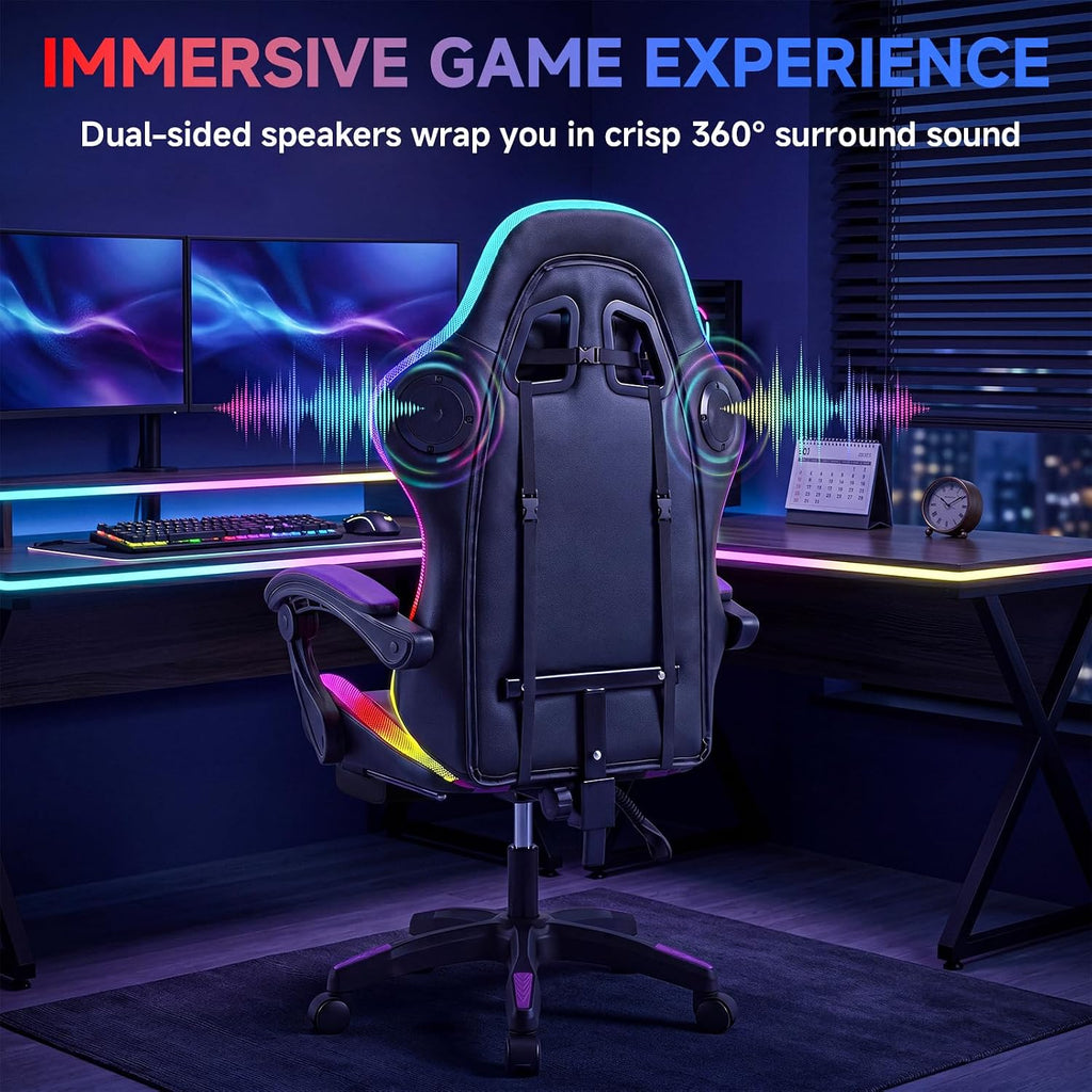 Gaming Chair with RGB LED Lights, Ergonomic Video Game Chair with Footrest, High Back PC Chair, Lumbar Support and Headrest, Reclining Gamer Chair for Adults, 380 lbs Capacity (Purple)