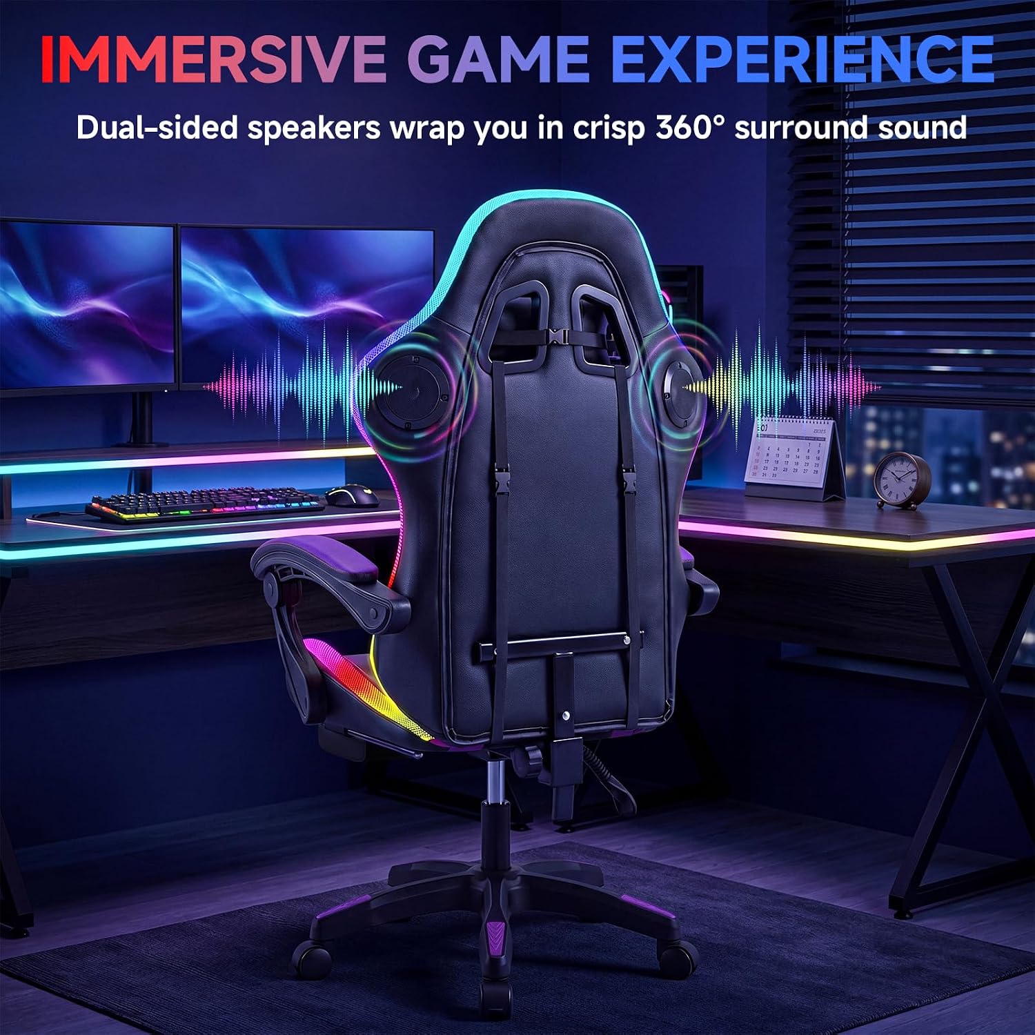 Gaming Chair with RGB LED Lights, Ergonomic Video Game Chair with Footrest, High Back PC Chair, Lumbar Support and Headrest, Reclining Gamer Chair for Adults, 380 lbs Capacity (Purple)