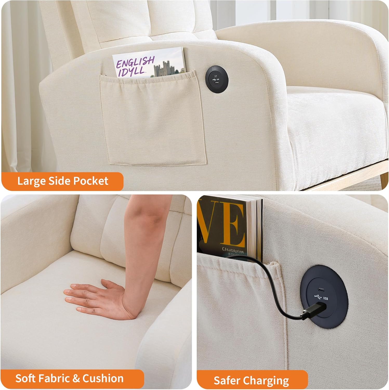 IDEALHOUSE Nursery Rocking Recliner Chair with USB Ports, Upholstered Glider Chair Featuring High Back, Side Pocket & Sturdy Wood Legs for Bedroom, Living Room, or Nursing Room – Linen Beige