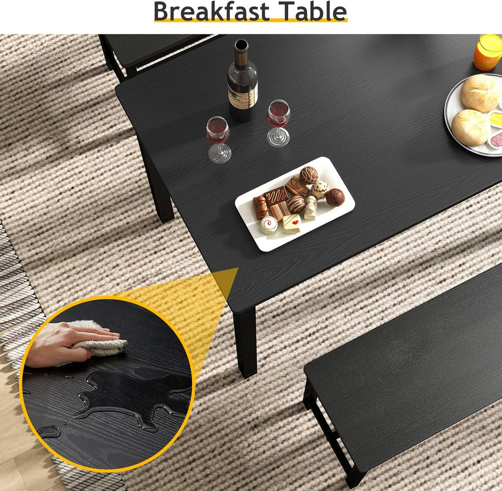 Rovibek 43" Dining Room Table Chairs Set for 4, Modern Space Saving Kitchen Table with 2 Benches & Adjustable Feet Breakfast Table, Wooden Industrial Style Farmhouse, Jet Black