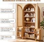 71" Tall Arched Pantry Cabinet with 4 Rattan Doors, 6-Tier Adjustable Shelves, 4 Built-in Door Racks, Rattan Storage Cabinet for Kitchen Dining Room, Soft-Close & Anti-tip Design, Oak
