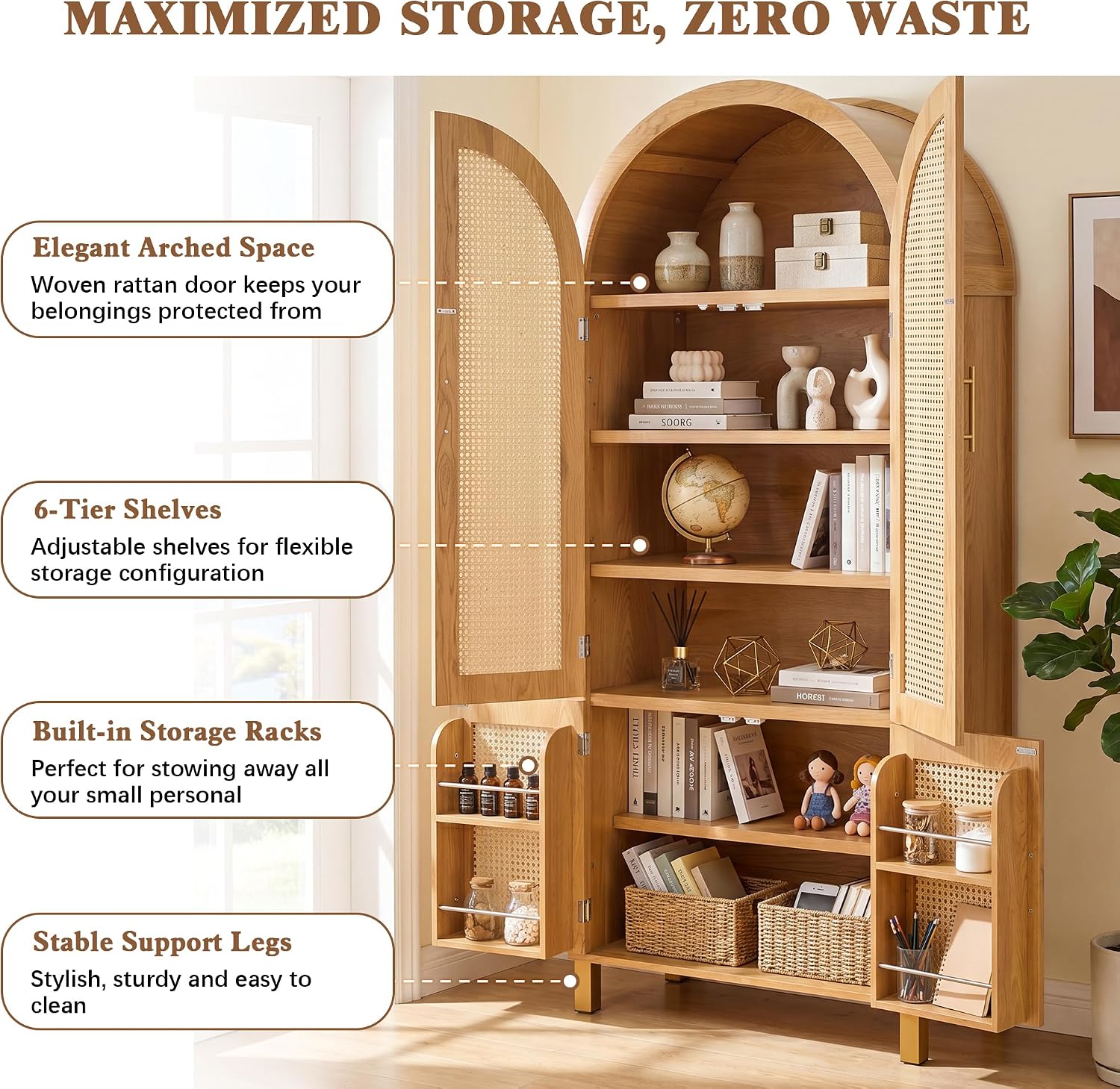 71" Tall Arched Pantry Cabinet with 4 Rattan Doors, 6-Tier Adjustable Shelves, 4 Built-in Door Racks, Rattan Storage Cabinet for Kitchen Dining Room, Soft-Close & Anti-tip Design, Oak