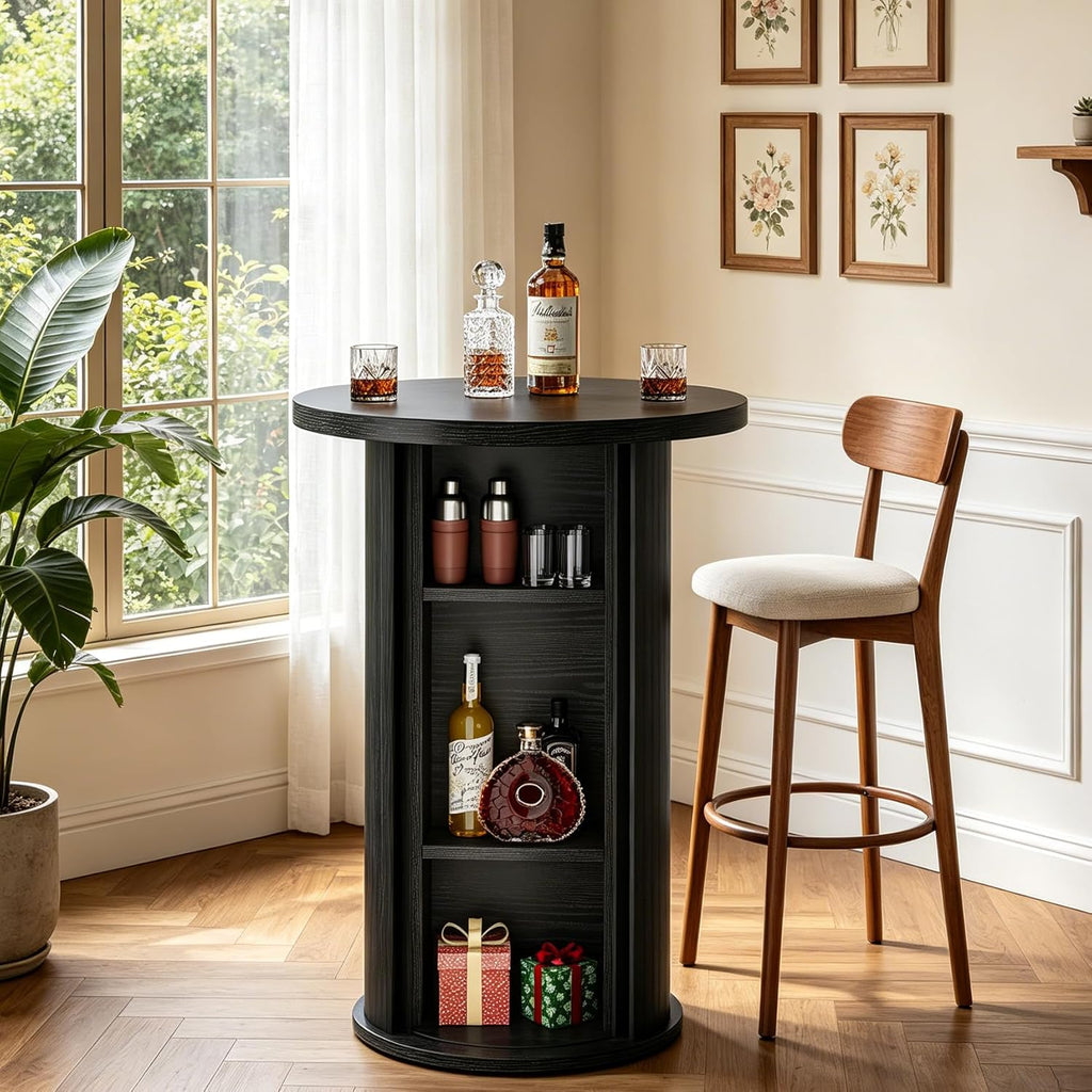 Tribesigns Round Bar Table, 35.4" Bar Height Bistro Pub Table with 3-Tier Hidden Storage & Slide Door, Wood High Top Cocktail Table for Home Bar, Kitchen, Small Space