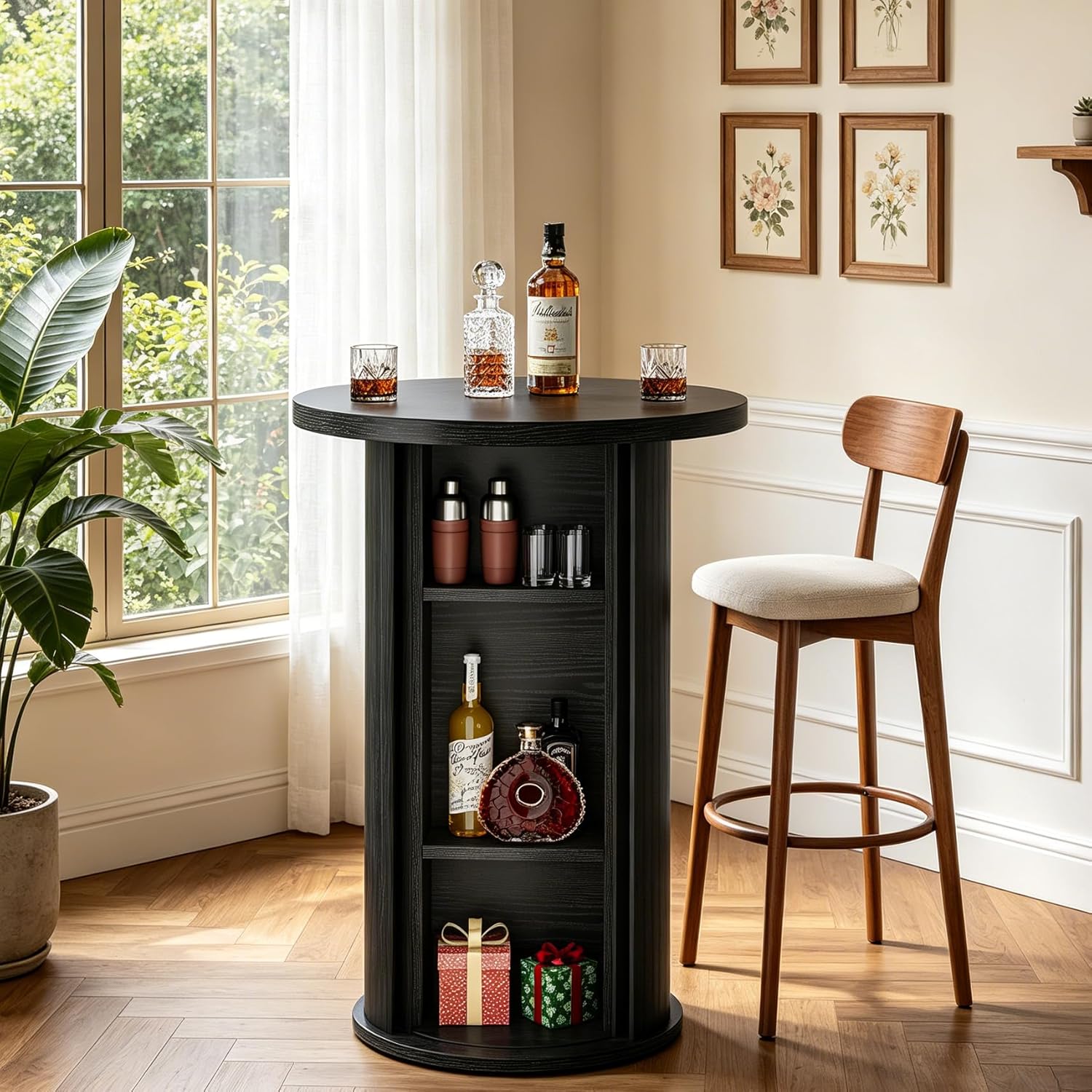 Tribesigns Round Bar Table, 35.4" Bar Height Bistro Pub Table with 3-Tier Hidden Storage & Slide Door, Wood High Top Cocktail Table for Home Bar, Kitchen, Small Space