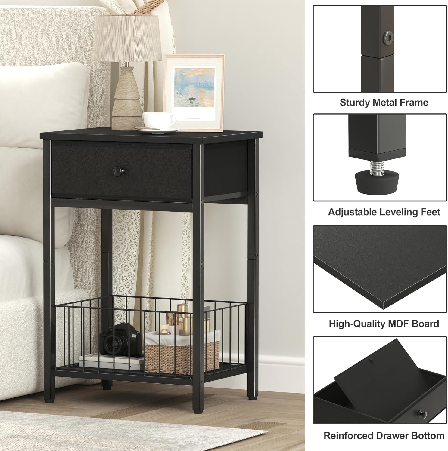 Small nightstand, Bed Side Tables Bedroom, Black Side Table, end Table with Drawer, one Drawer nightstand, Black end Table LNT0061BK