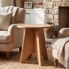Round Side Table with Unique Panel Leg Design, Sturdy Nightstand for Bedroom, Compact End Table for Living Room, Small Space Accent Table for Couch & Chair (Natural)