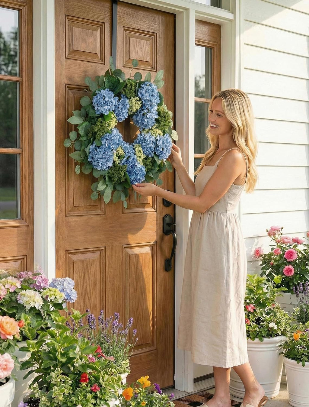 BLOSMON Hydrangea Wreaths for Front Door: 26 Inch Summer Spring Wreath Decorations for Home Outdoor Indoor - Dusty Blue Flower Wreath with Hanger for Outside All Season Wall Window Decor