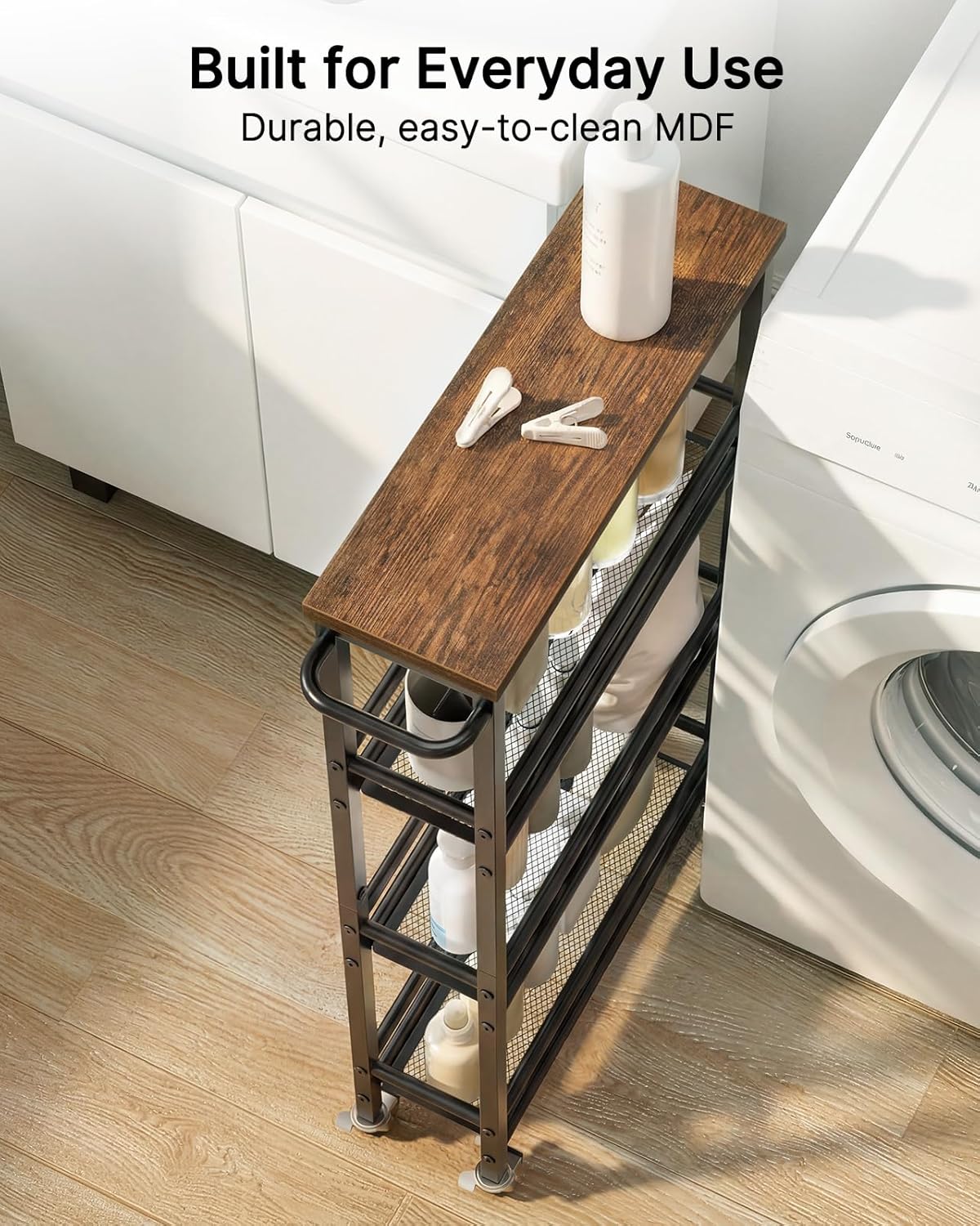 Pipishell Slim Storage Cart with Wheels - 4 Tier Rolling Kitchen Storage Cart with Handle and Wood Top, Metal Slim Bathroom Cart for Laundry Room, Bathroom, Kitchen, Narrow Space, Black & Rustic Brown