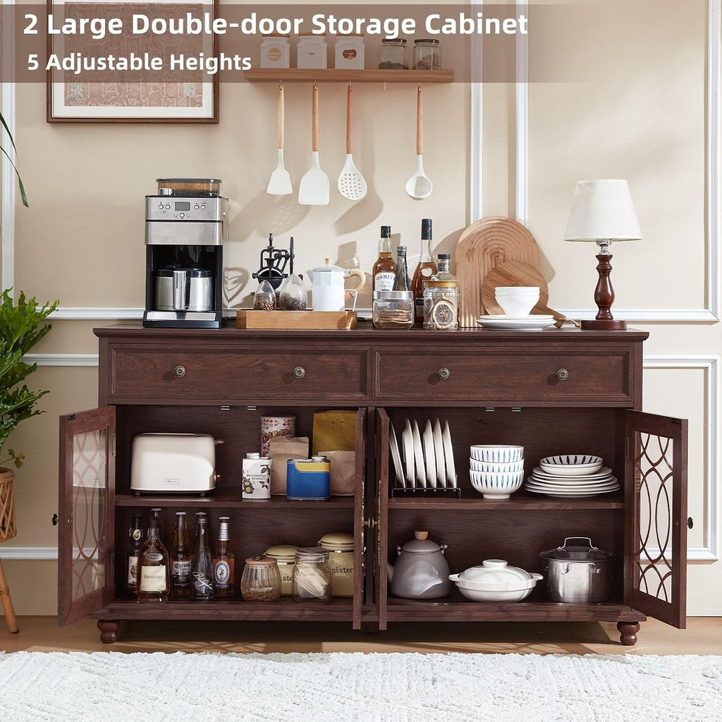 Joaxswe Farmhouse Sideboard Buffet Cabinet with Storage,59" Large Credenza with 4 Glass Doors & 2 Drawers,Adjustable Shelves Console Table,Wood Kitchen Coffee Bar for Dining Room,Living Room,Walnut