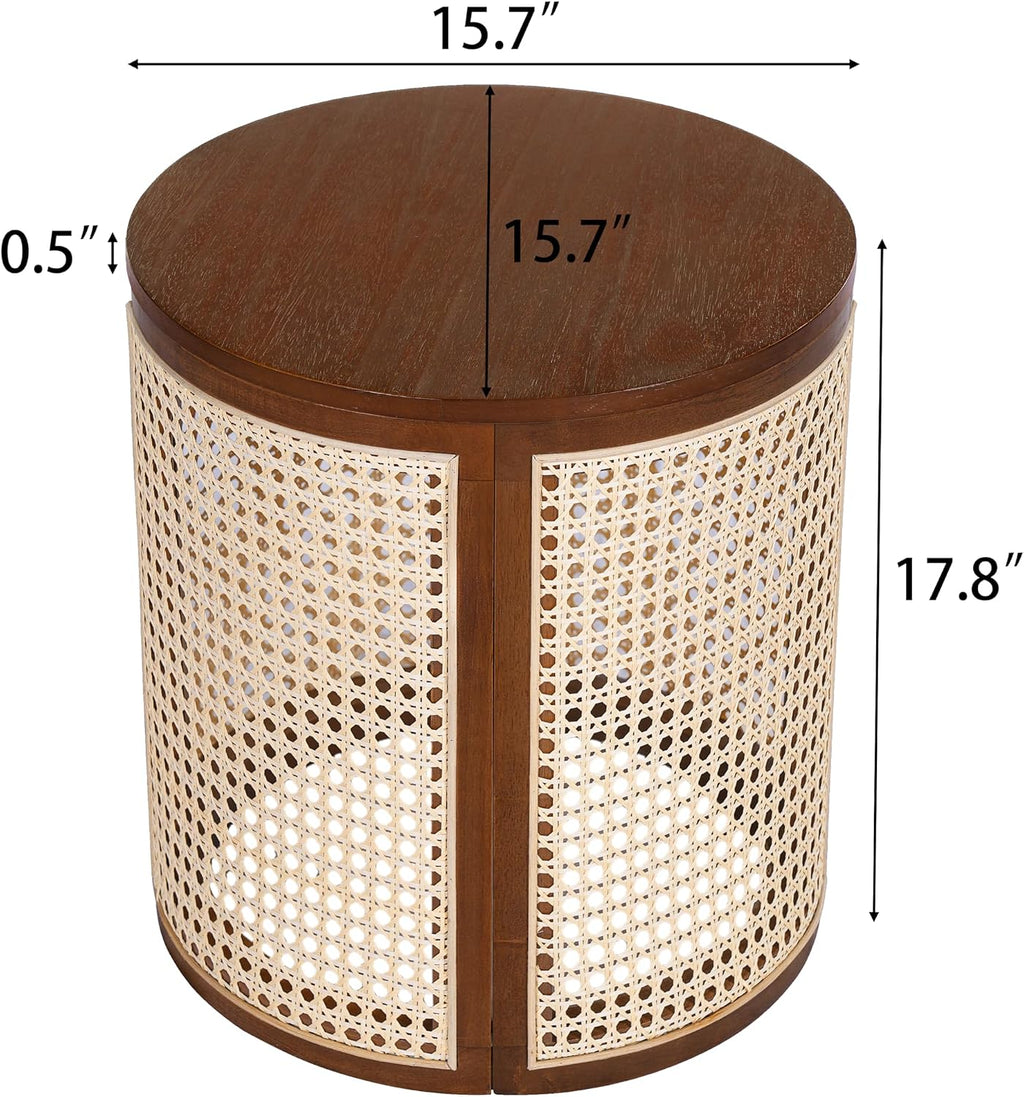 Round Side Table with Rattan Weave Panels, Dark Brown Rubber Solid Wood, 15.7" x 17.8", Boho Style