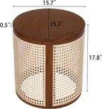 Round Side Table with Rattan Weave Panels, Dark Brown Rubber Solid Wood, 15.7" x 17.8", Boho Style