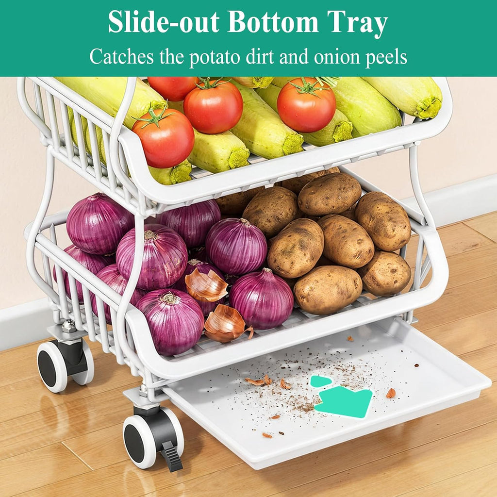 SAYZH Fruit Basket Kitchen Pantry Organizers and Storage - Wooden Top Table, Stackable Metal Wire Basket Stand Cart for Fruit Vegetable Snacks Onion Potato Organization (White, 4 Tiers)