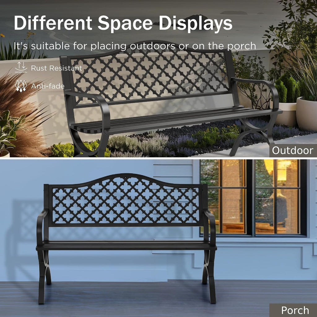 PHI VILLA Black Outdoor Garden Bench for Outdoors with Cast Iron Backrest and Sturdy Steel Frame 2-3 Seater Patio Bench for Porch Park and Yard