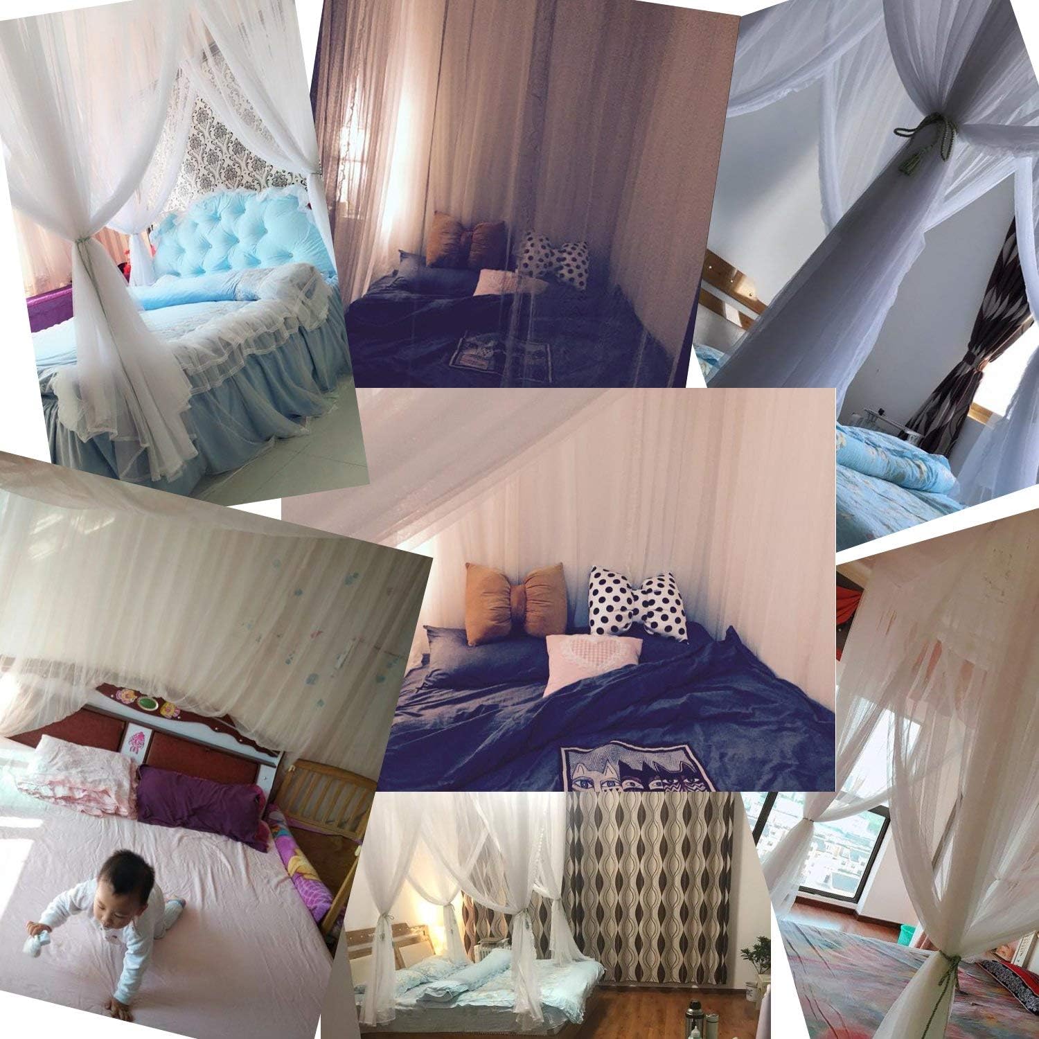 Comtelek Bed Canopy, Canopy Bed Curtains Bed Drapes for Full Queen King Size Bed Mosquito Net Bed Canopy Curtains for Patio Indoor Outdoor Room Decor Screen Netting Canopy Curtains White